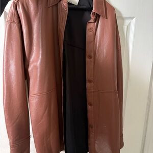 Aritzia Women's Leather Button-Front Jacket in Rust Brown